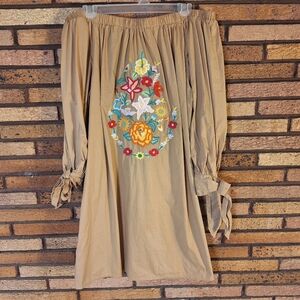 Velzera Tan Floral Embroidered Off The Shoulder Dress